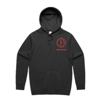 a black hoodie with a red logo on it