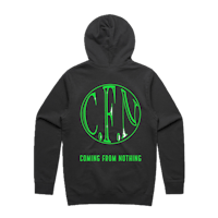 a black hoodie with a green logo on it