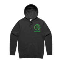 a black hoodie with a green logo on it